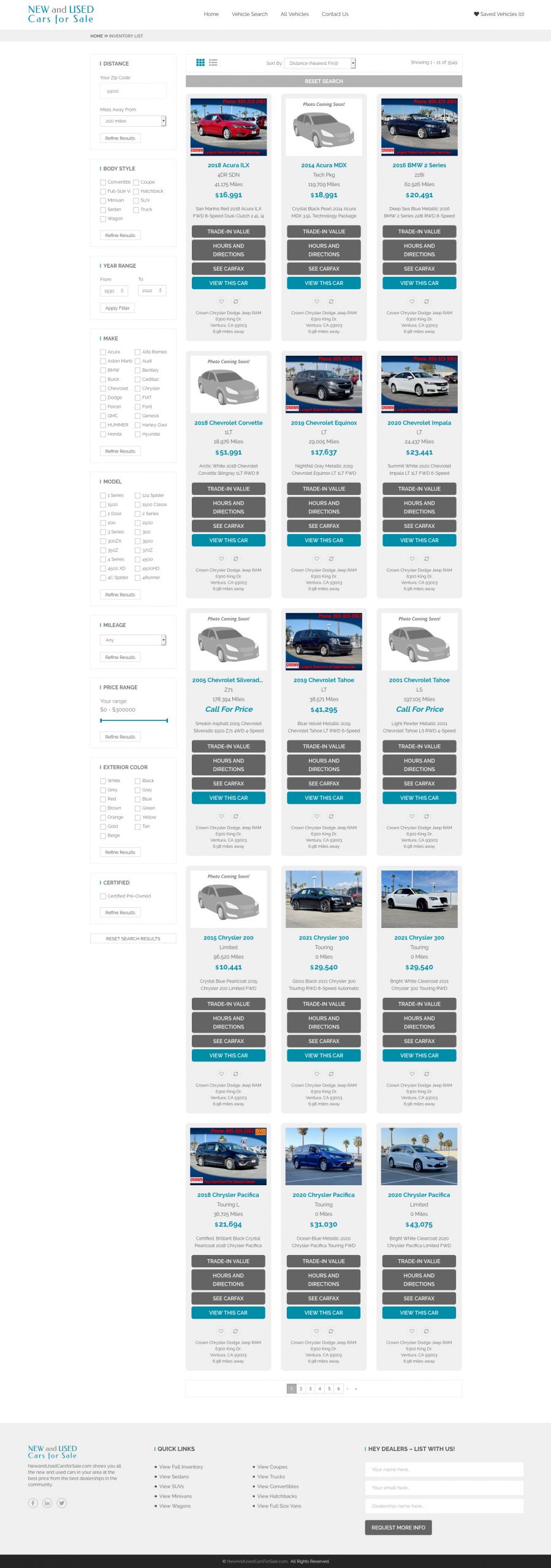 Inventory page for New and Used Cars for Sale